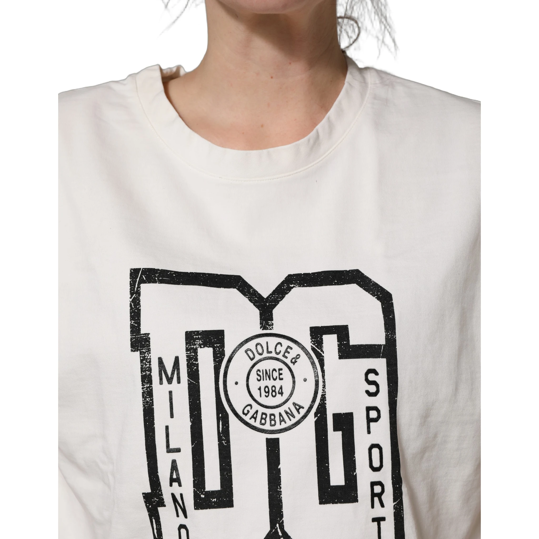 White Cotton DG Logo Print Cropped Jersey Top