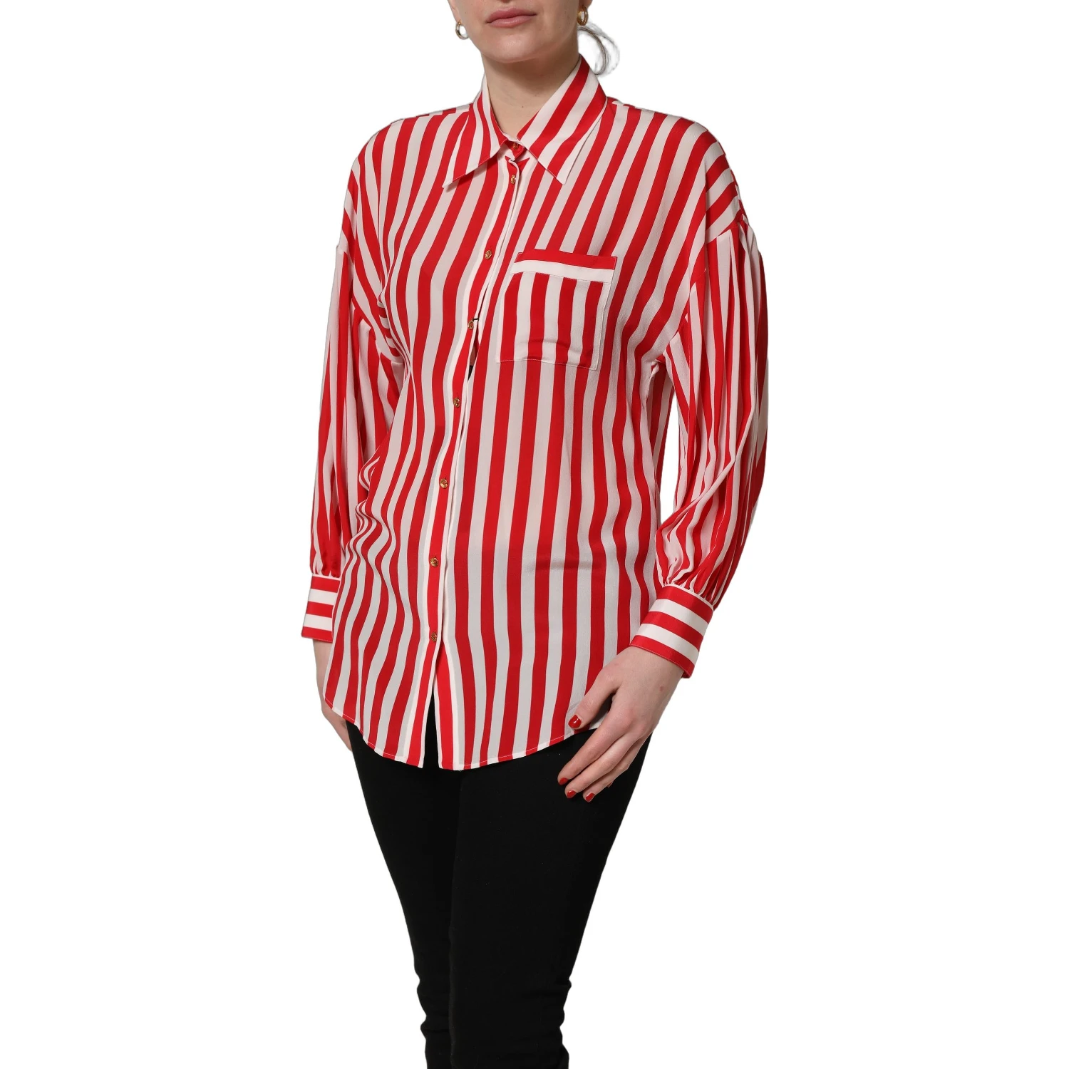 Red White Striped Long Sleeve Silk Blouse Top