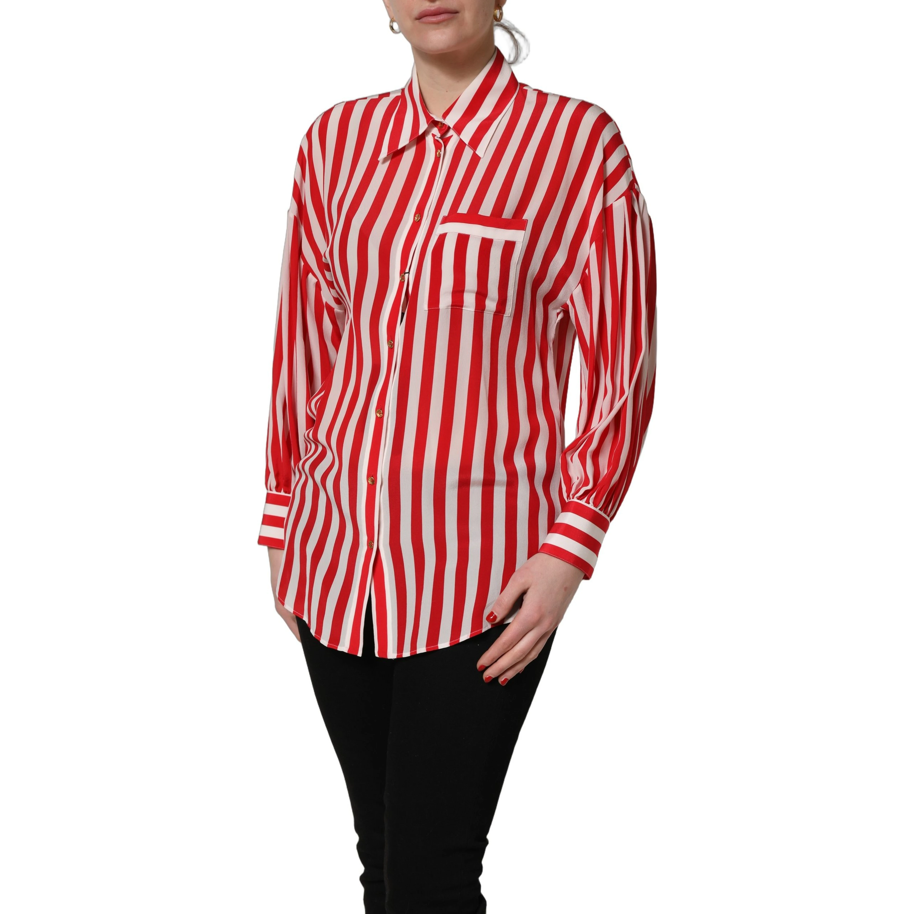 Red White Striped Long Sleeve Silk Blouse Top