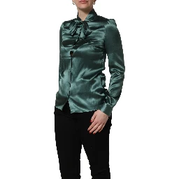 Dark Green Silk Satin Blouse Neck Tie Top