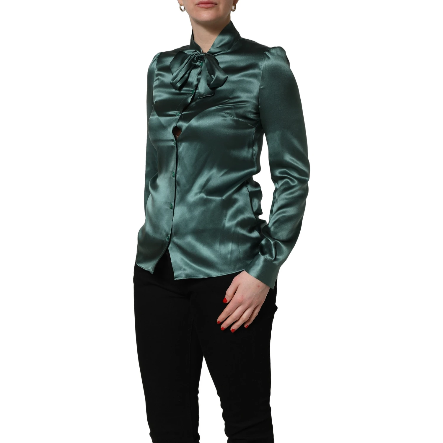 Dark Green Silk Satin Blouse Neck Tie Top