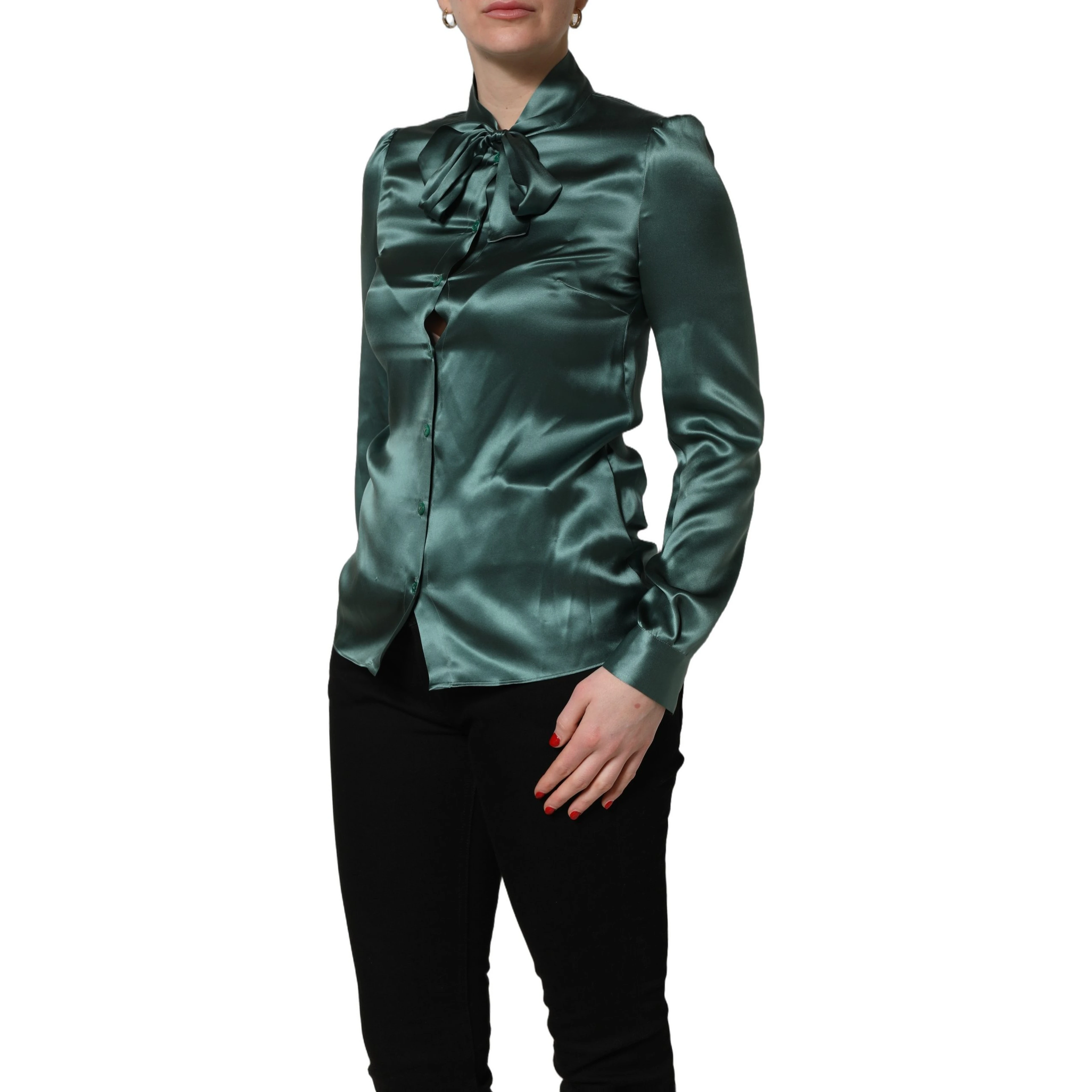 Dark Green Silk Satin Blouse Neck Tie Top