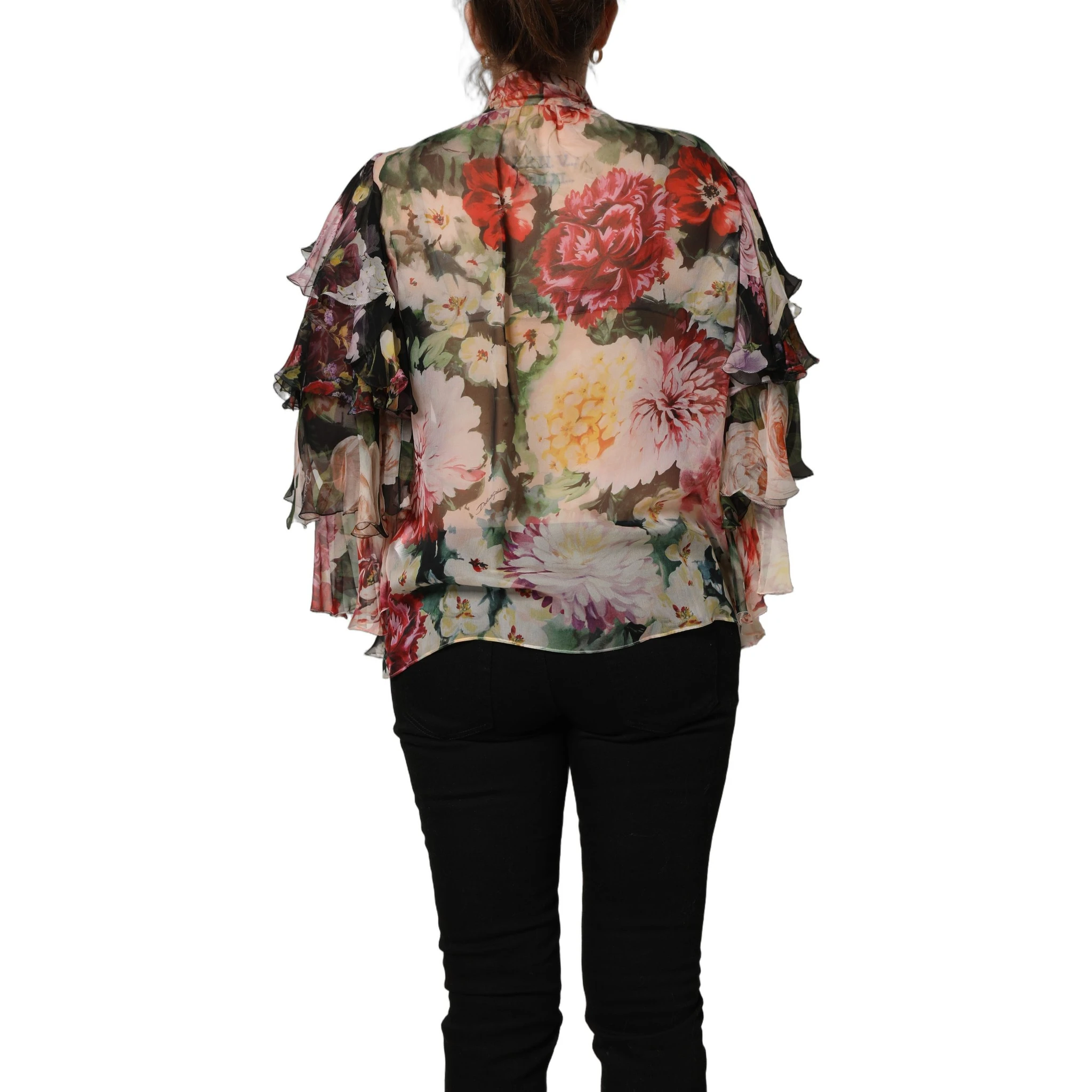 Multicolor Floral Tie-Neck Silk Chiffon Blouse Top
