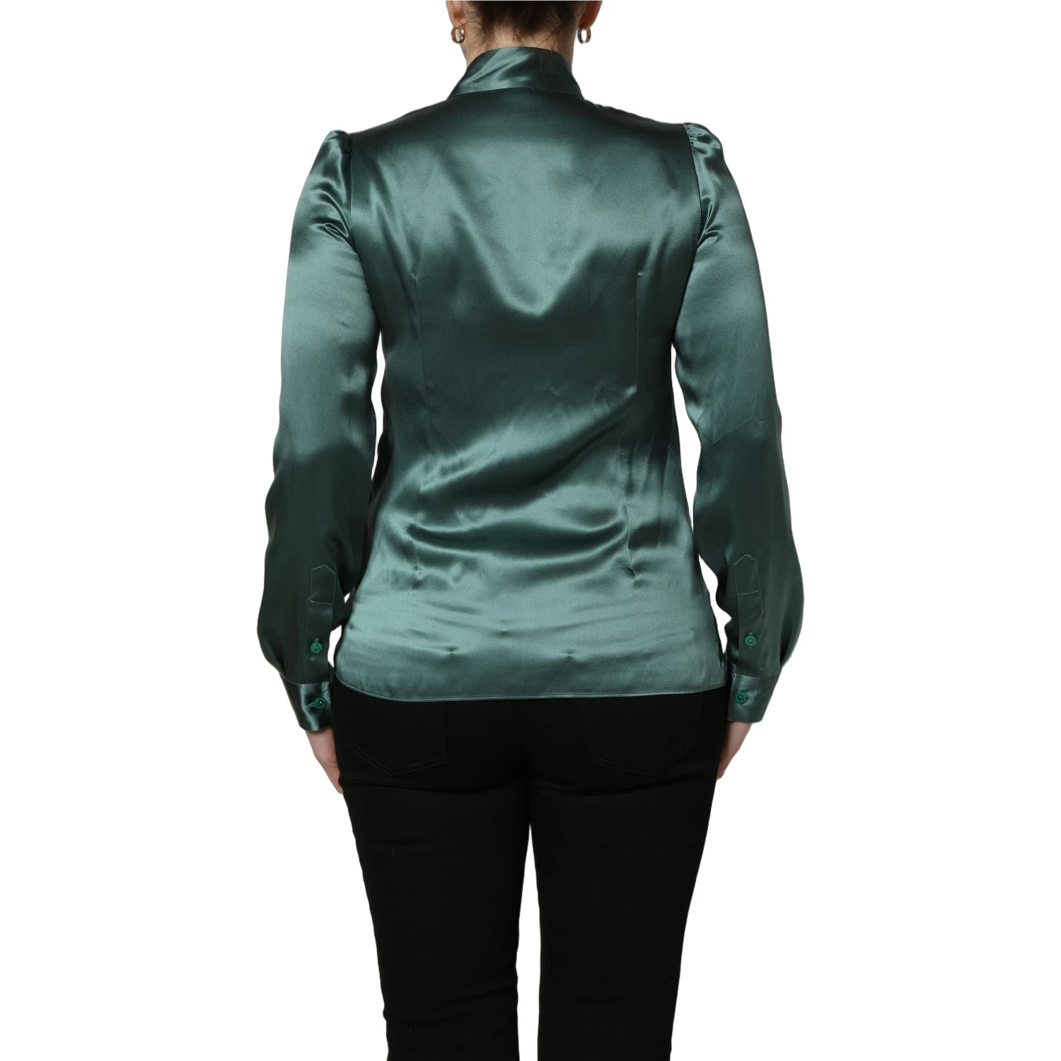 Dark Green Silk Satin Blouse Neck Tie Top