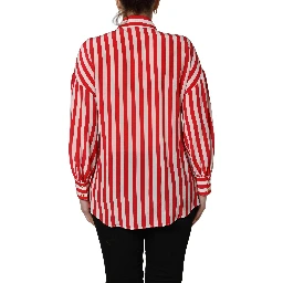 Red White Striped Long Sleeve Silk Blouse Top