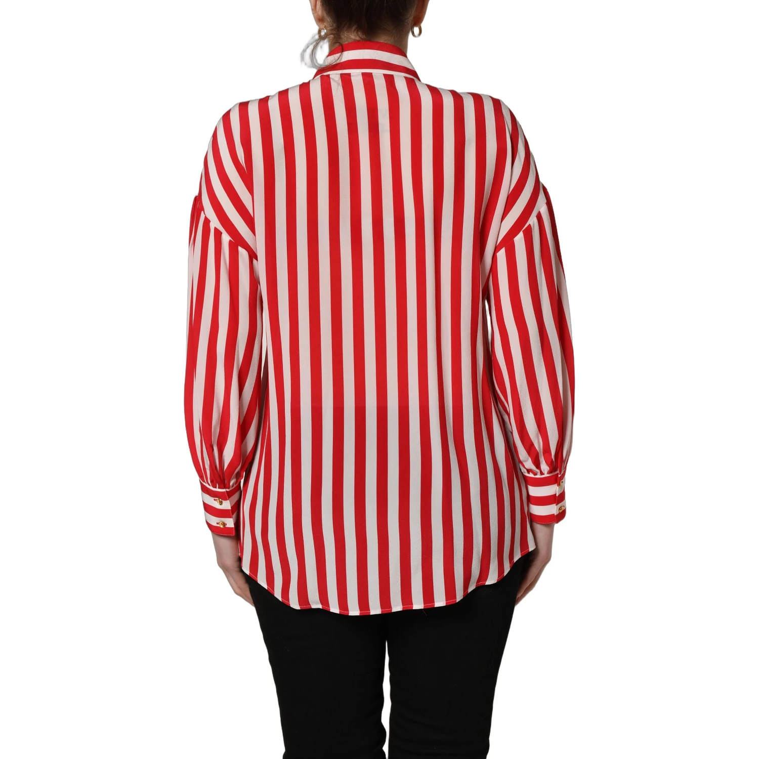 Red White Striped Long Sleeve Silk Blouse Top