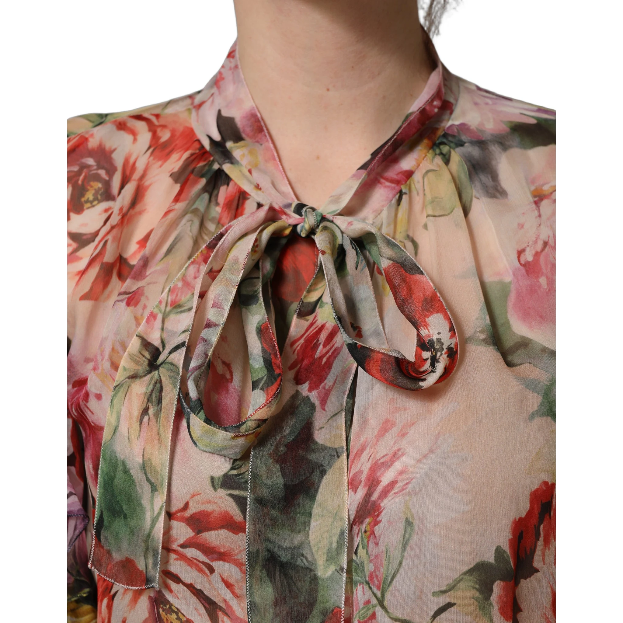 Multicolor Floral Tie-Neck Silk Chiffon Blouse Top