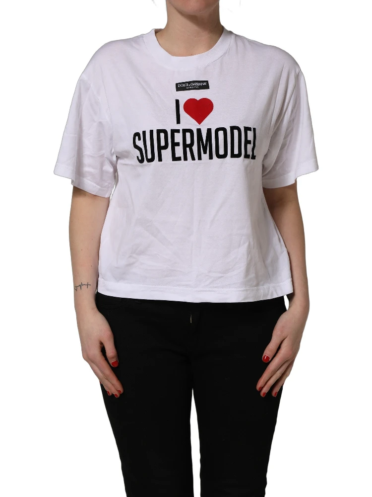 White I Love Supermodel Cotton Crew Neck T-shirt