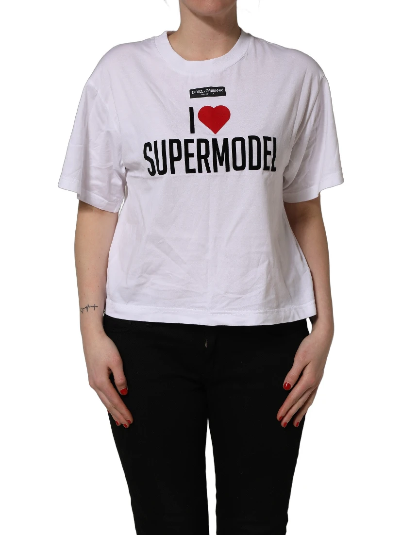 White I Love Supermodel Cotton Crew Neck T-shirt