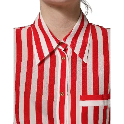 Red White Striped Long Sleeve Silk Blouse Top