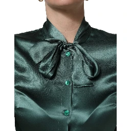 Dark Green Silk Satin Blouse Neck Tie Top