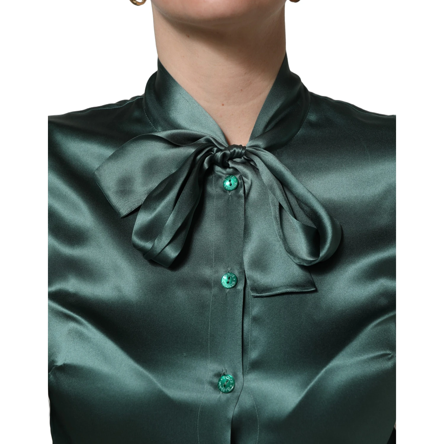 Dark Green Silk Satin Blouse Neck Tie Top