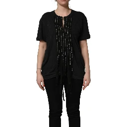 Black Chain Embellished Cotton Short Sleeve T-shirt