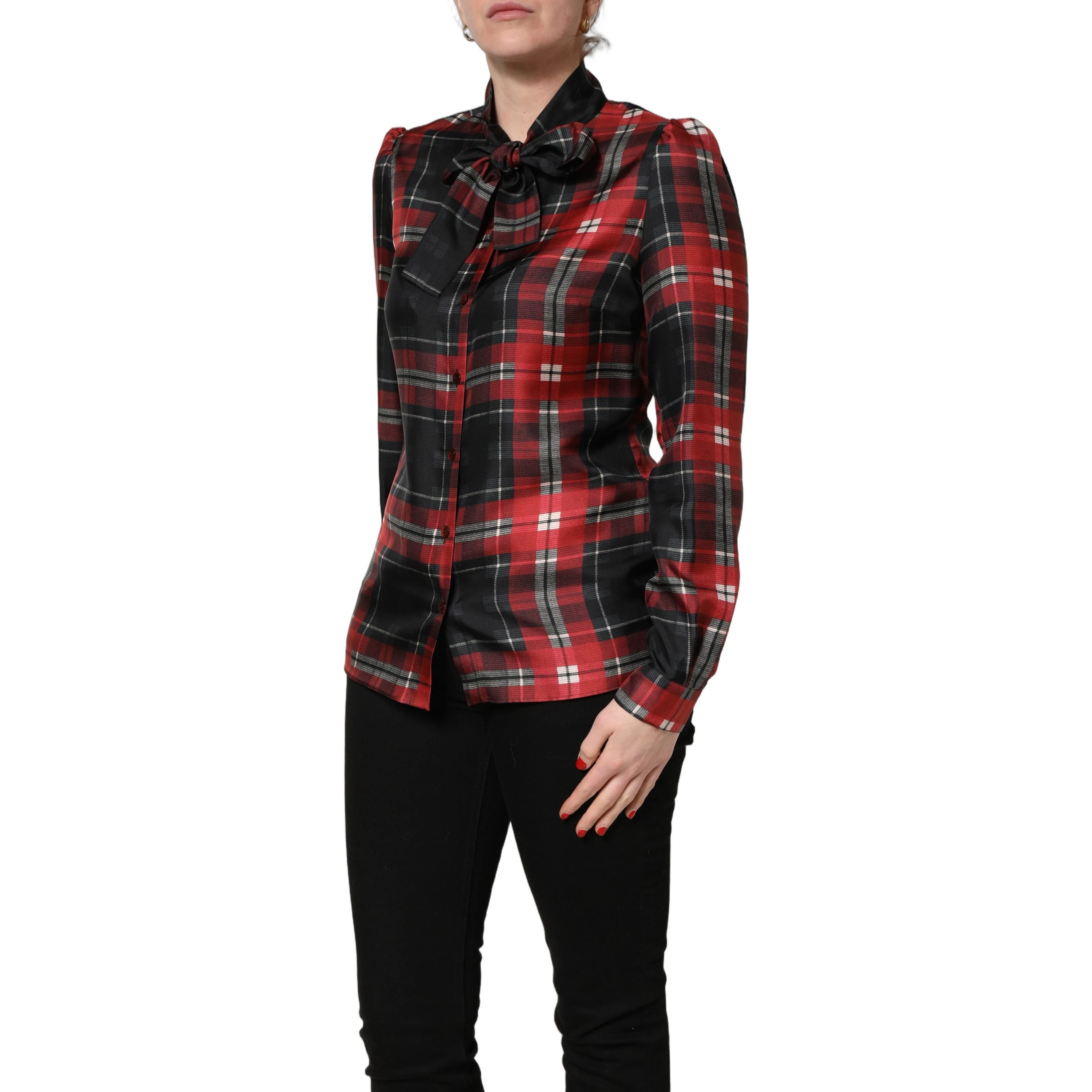 Red Black Plaid Silk Tie-Neck Blouse Top