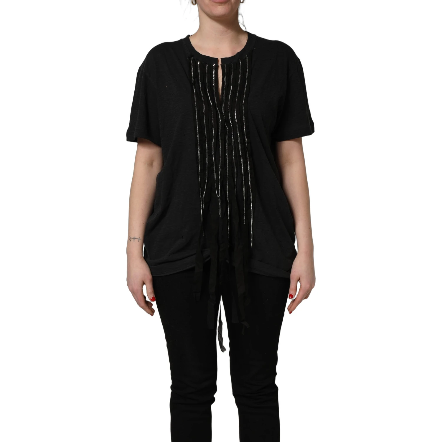 Black Chain Embellished Cotton Short Sleeve T-shirt