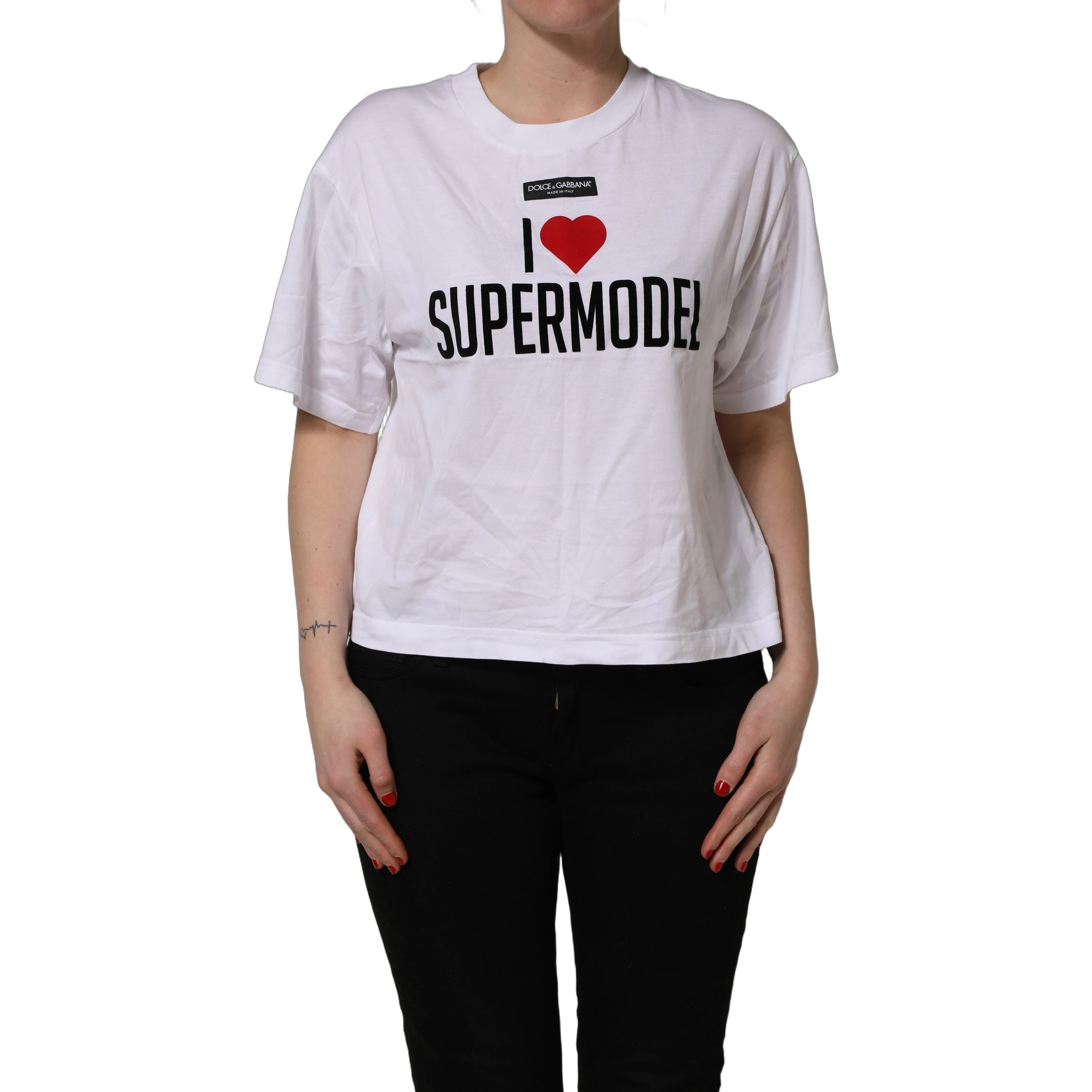 White I Love Supermodel Cotton Crew Neck T-shirt