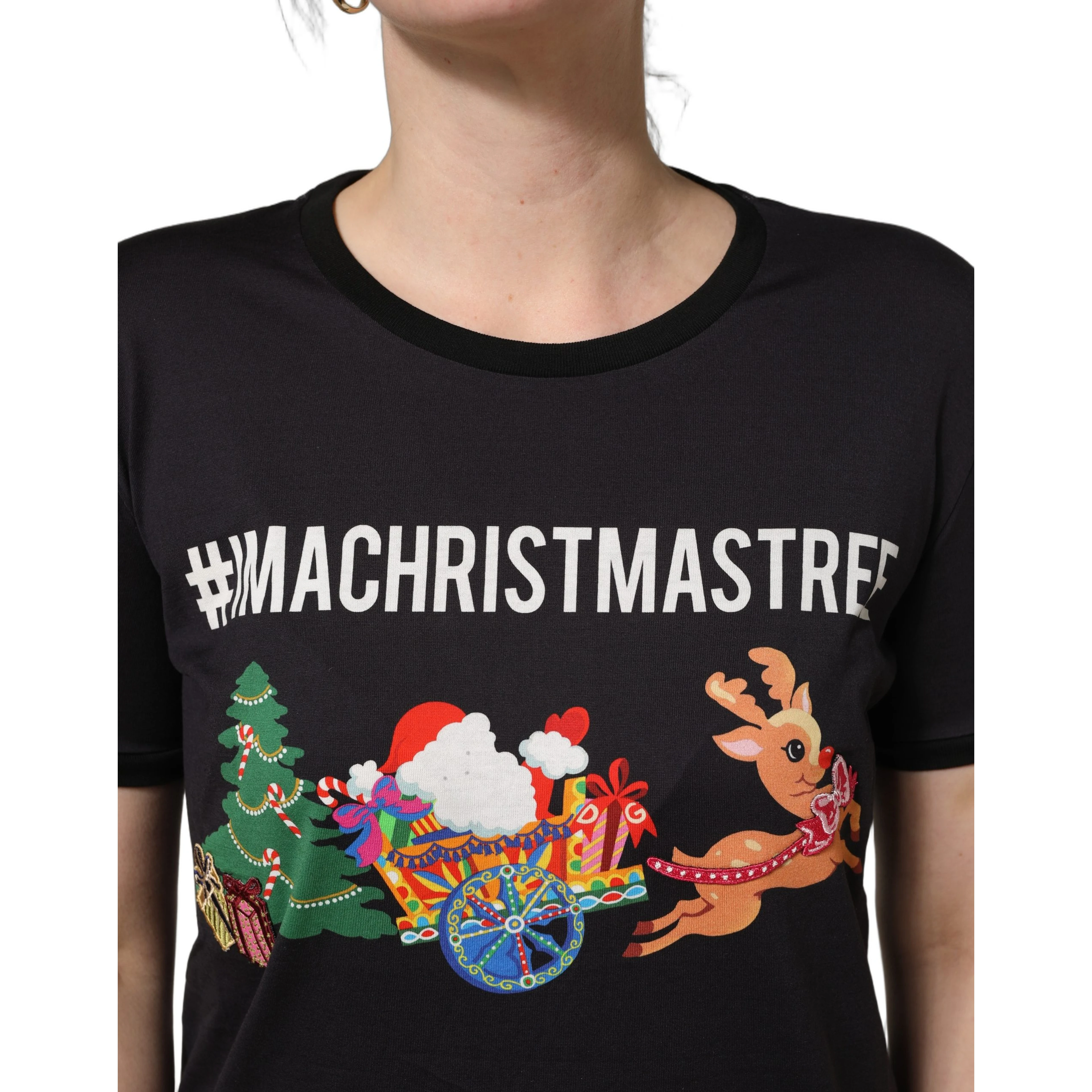 Black #IAMACHRISTMASTREE Print Cotton T-shirt