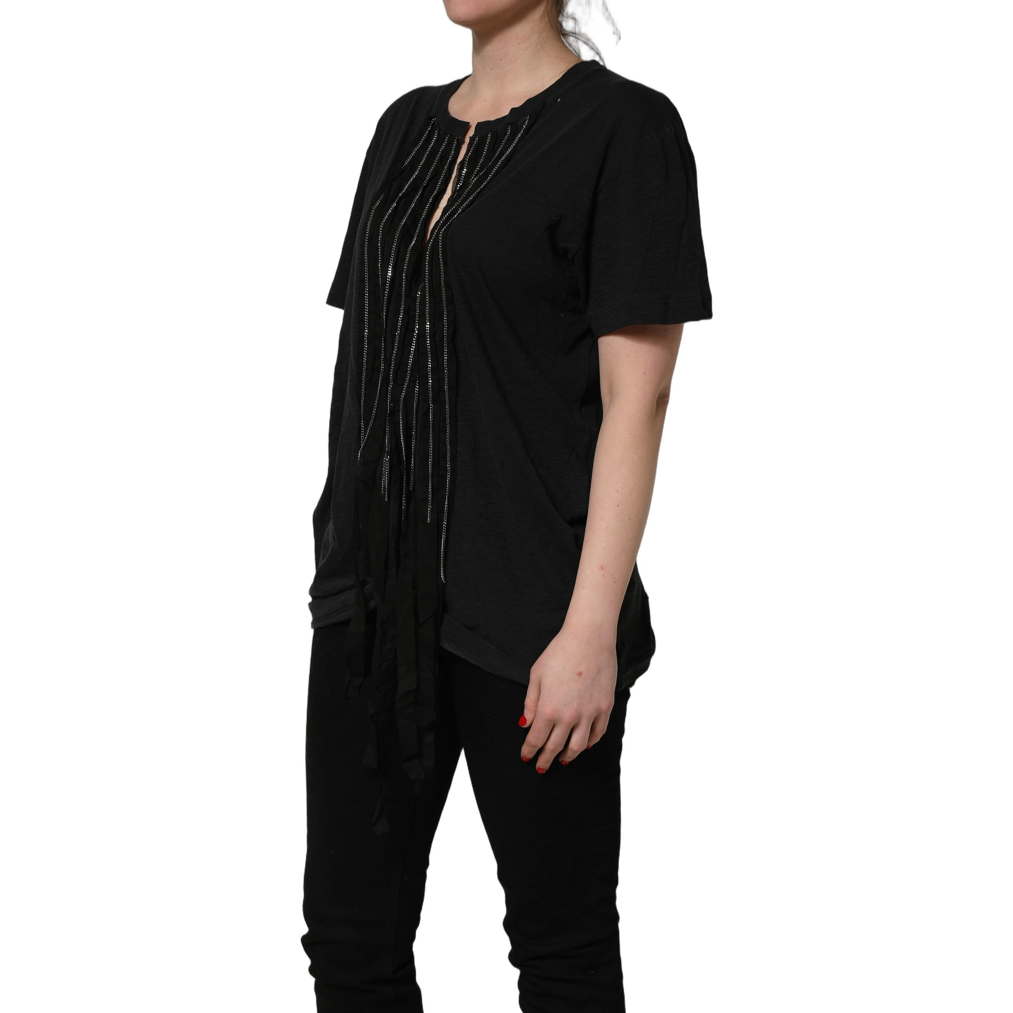 Black Chain Embellished Cotton Short Sleeve T-shirt