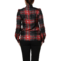 Red Black Plaid Silk Tie-Neck Blouse Top