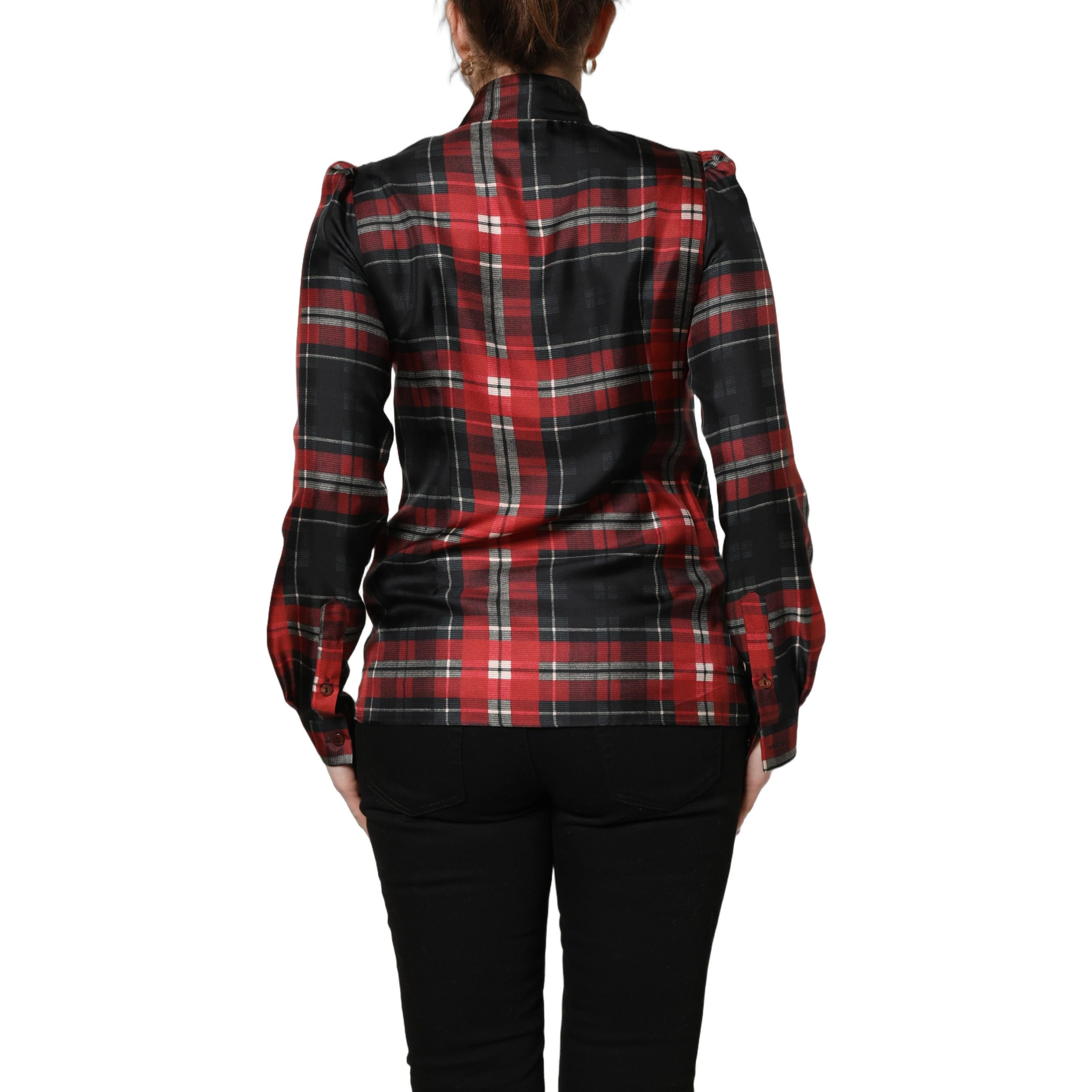 Red Black Plaid Silk Tie-Neck Blouse Top