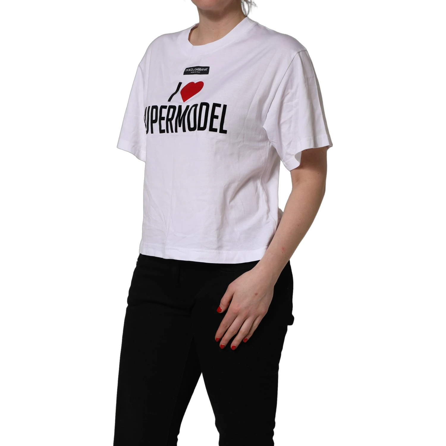 White I Love Supermodel Cotton Crew Neck T-shirt
