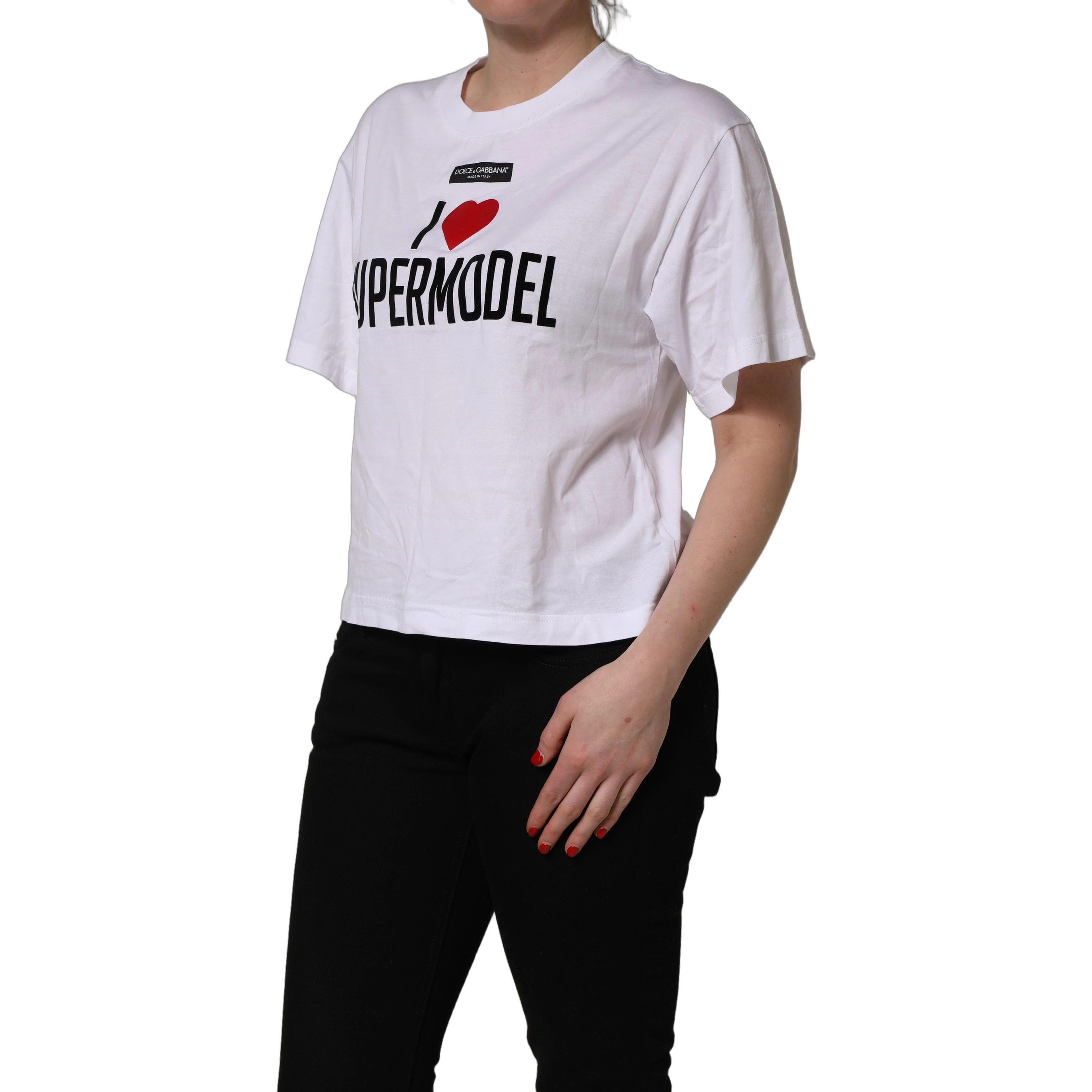 White I Love Supermodel Cotton Crew Neck T-shirt