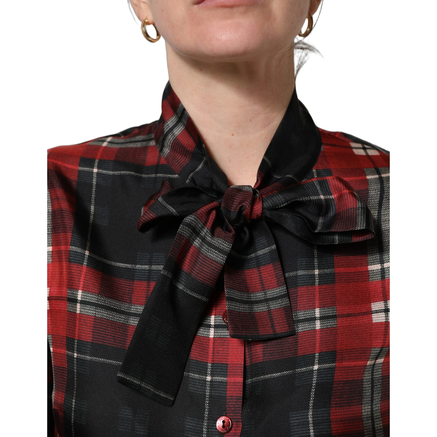 Red Black Plaid Silk Tie-Neck Blouse Top