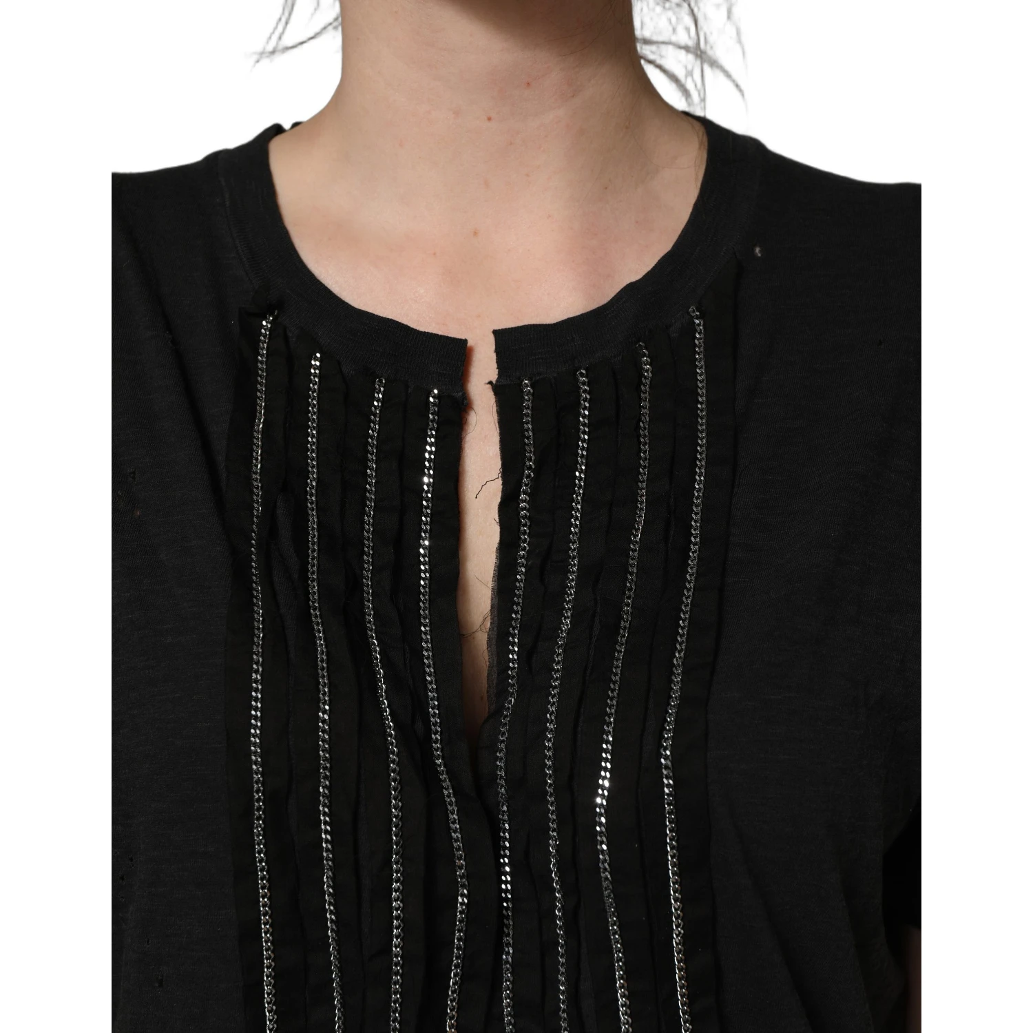 Black Chain Embellished Cotton Short Sleeve T-shirt