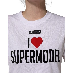 White I Love Supermodel Cotton Crew Neck T-shirt