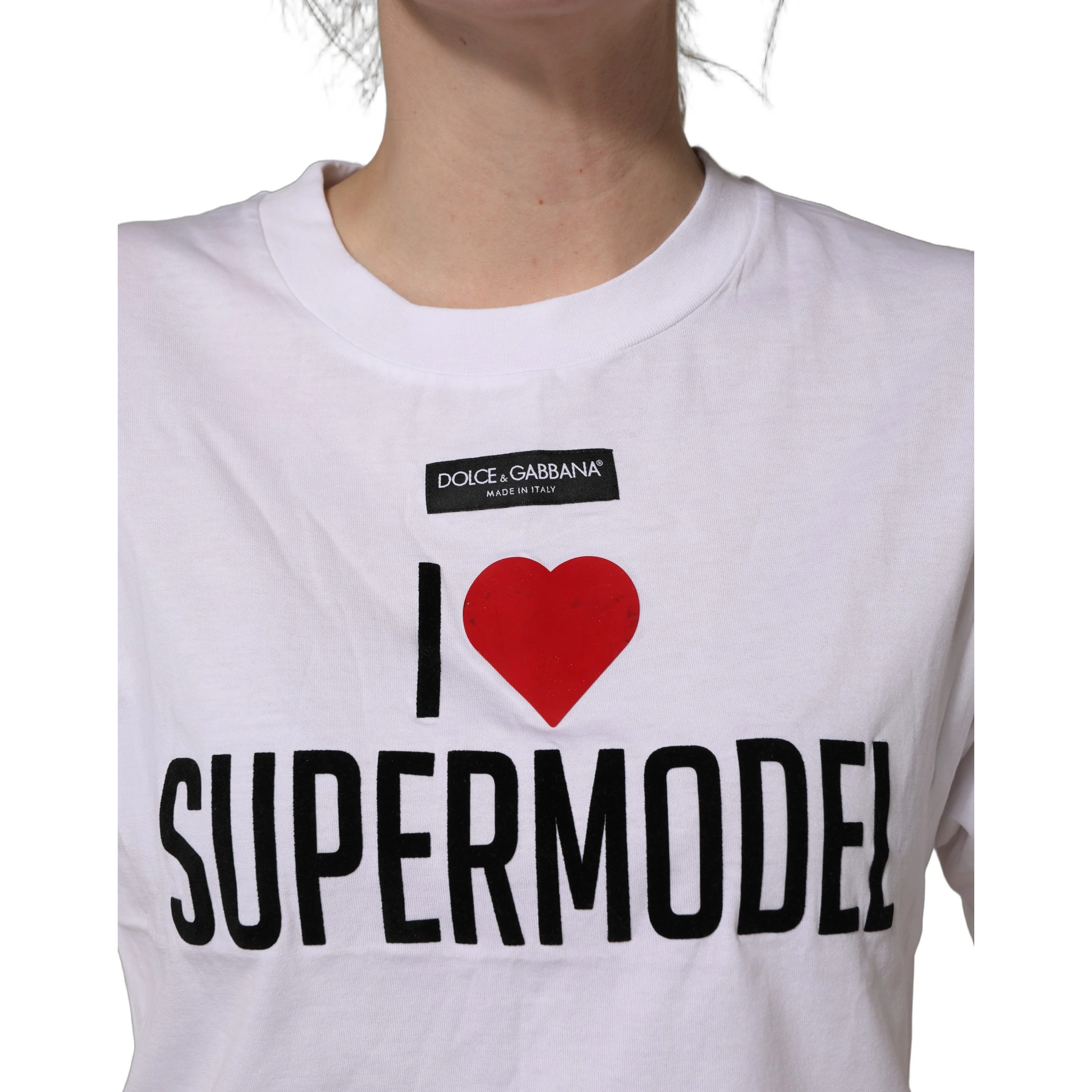 White I Love Supermodel Cotton Crew Neck T-shirt