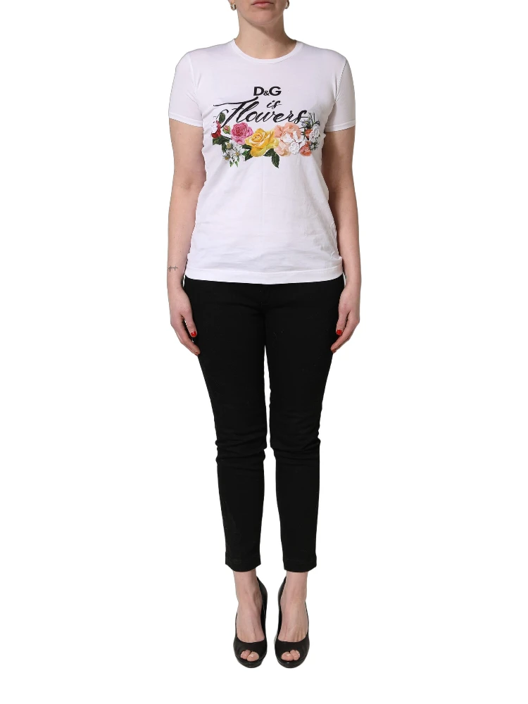 White Floral Graphic Short Sleeve Crew Neck T-shirt
