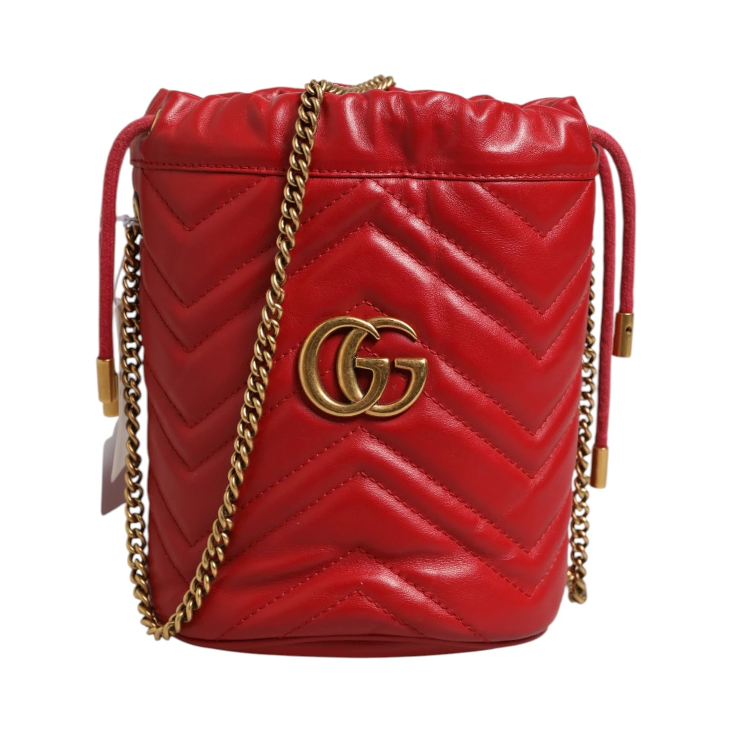 Red Chevron-quilted Calfskin Leather GG Marmont Bucket Bag