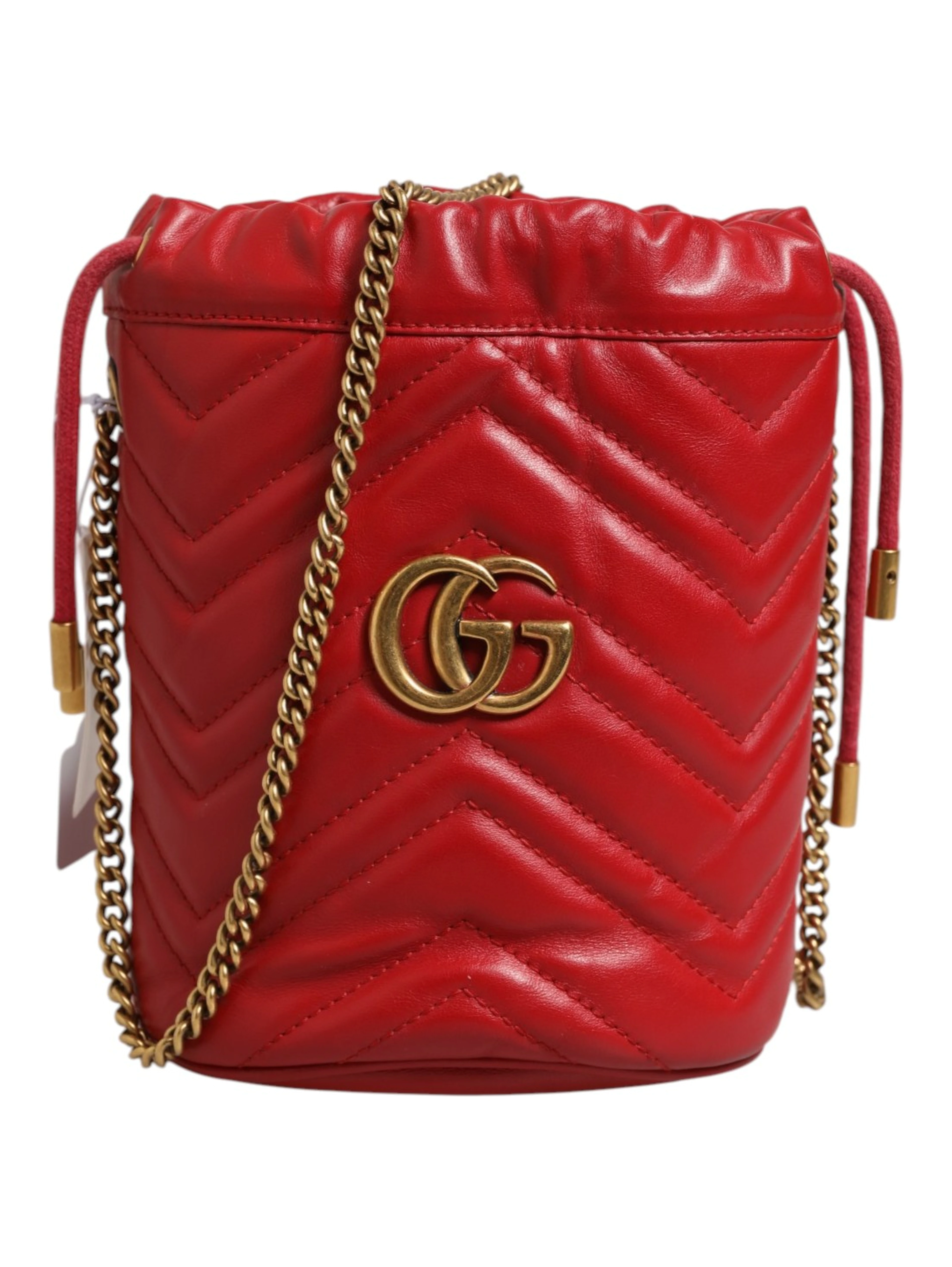 Red Chevron-quilted Calfskin Leather GG Marmont Bucket Bag