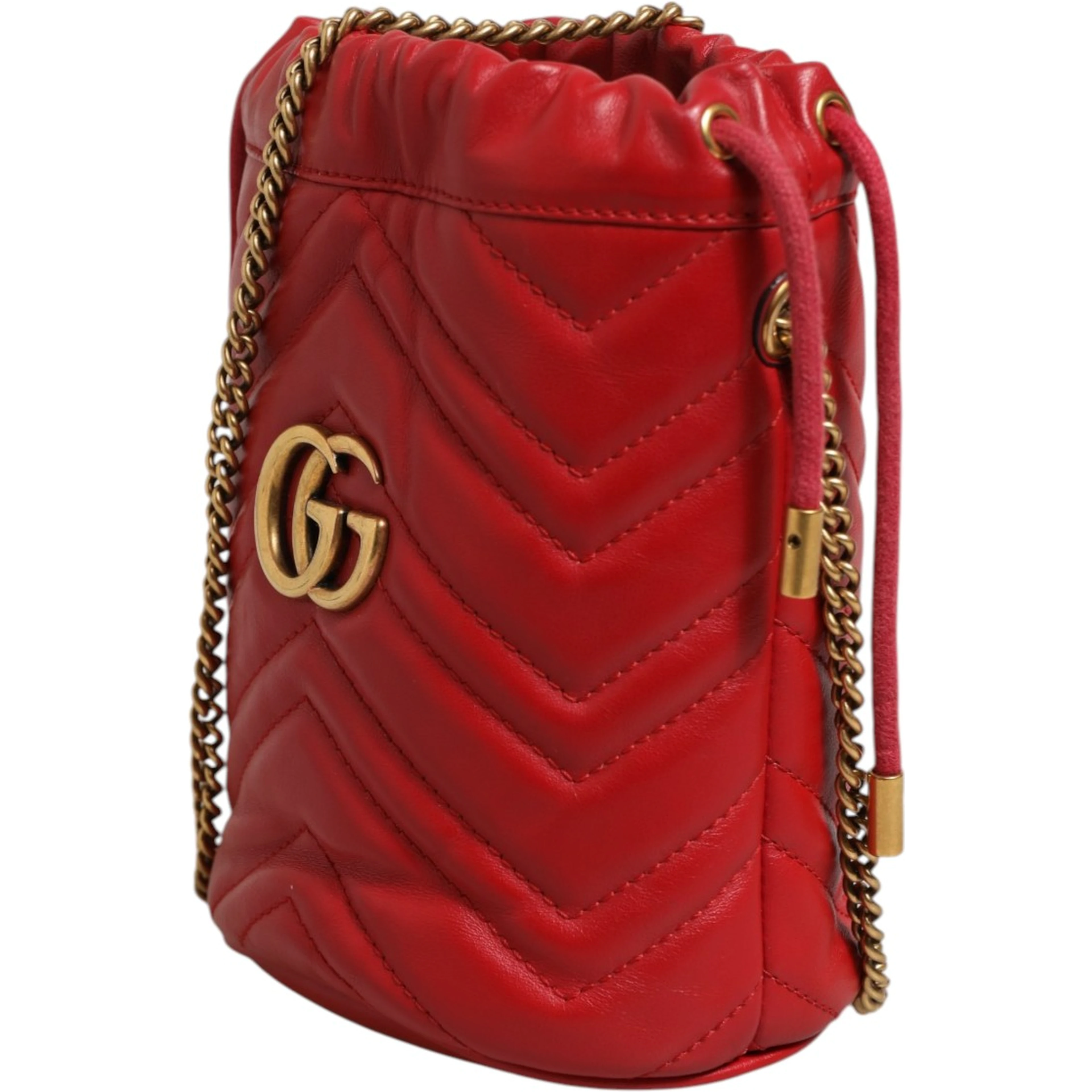 Red Chevron-quilted Calfskin Leather GG Marmont Bucket Bag