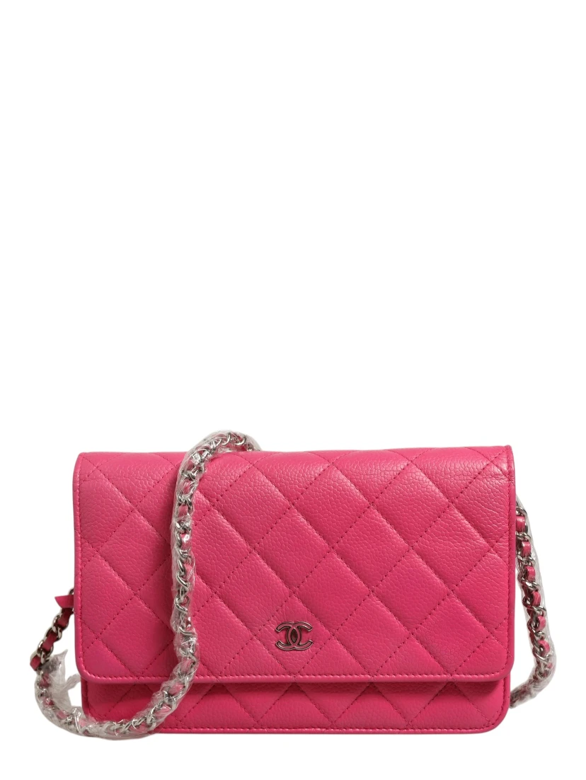 Pink Quilted Lambskin Wallet On Chain WOC Silver