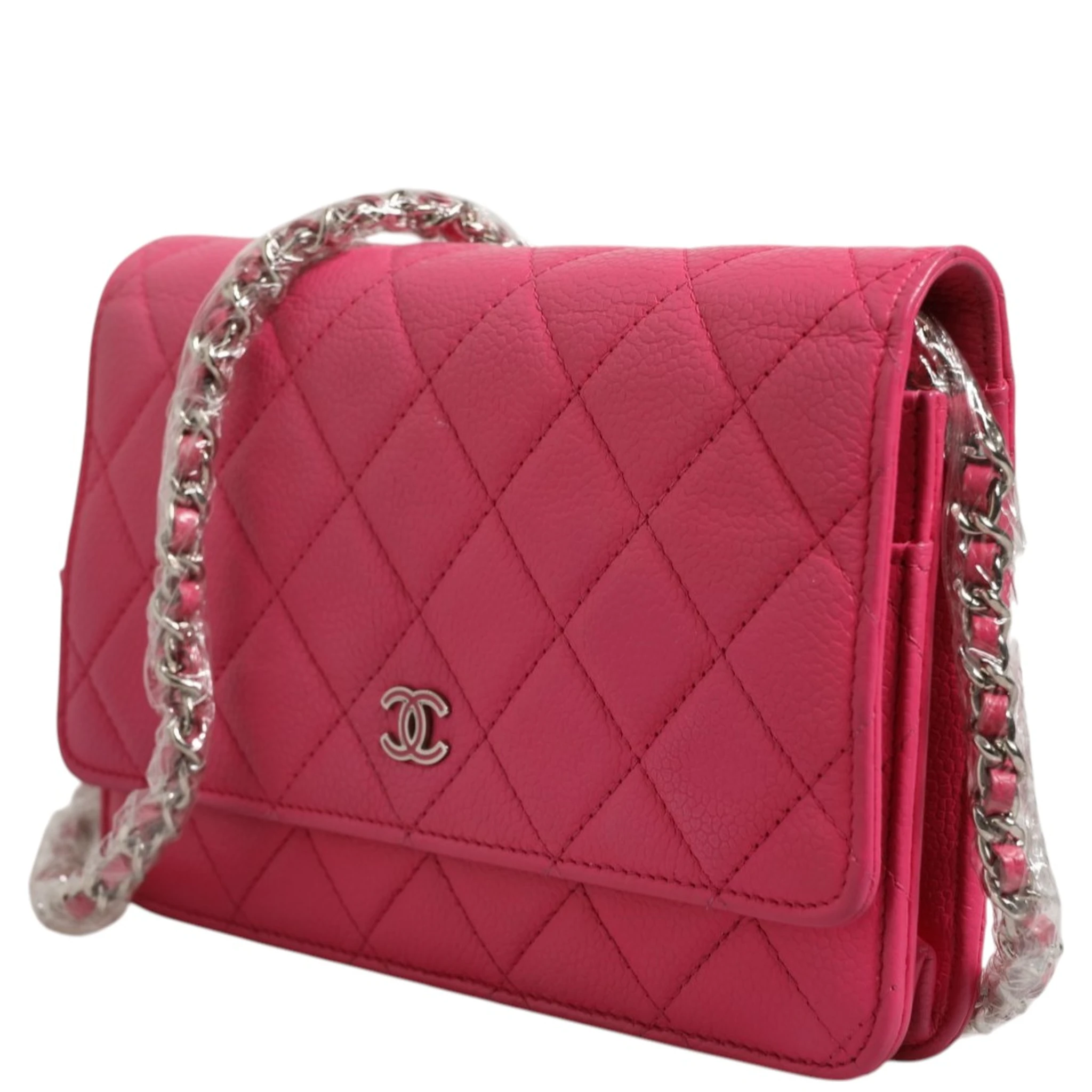 Pink Quilted Lambskin Wallet On Chain WOC Silver