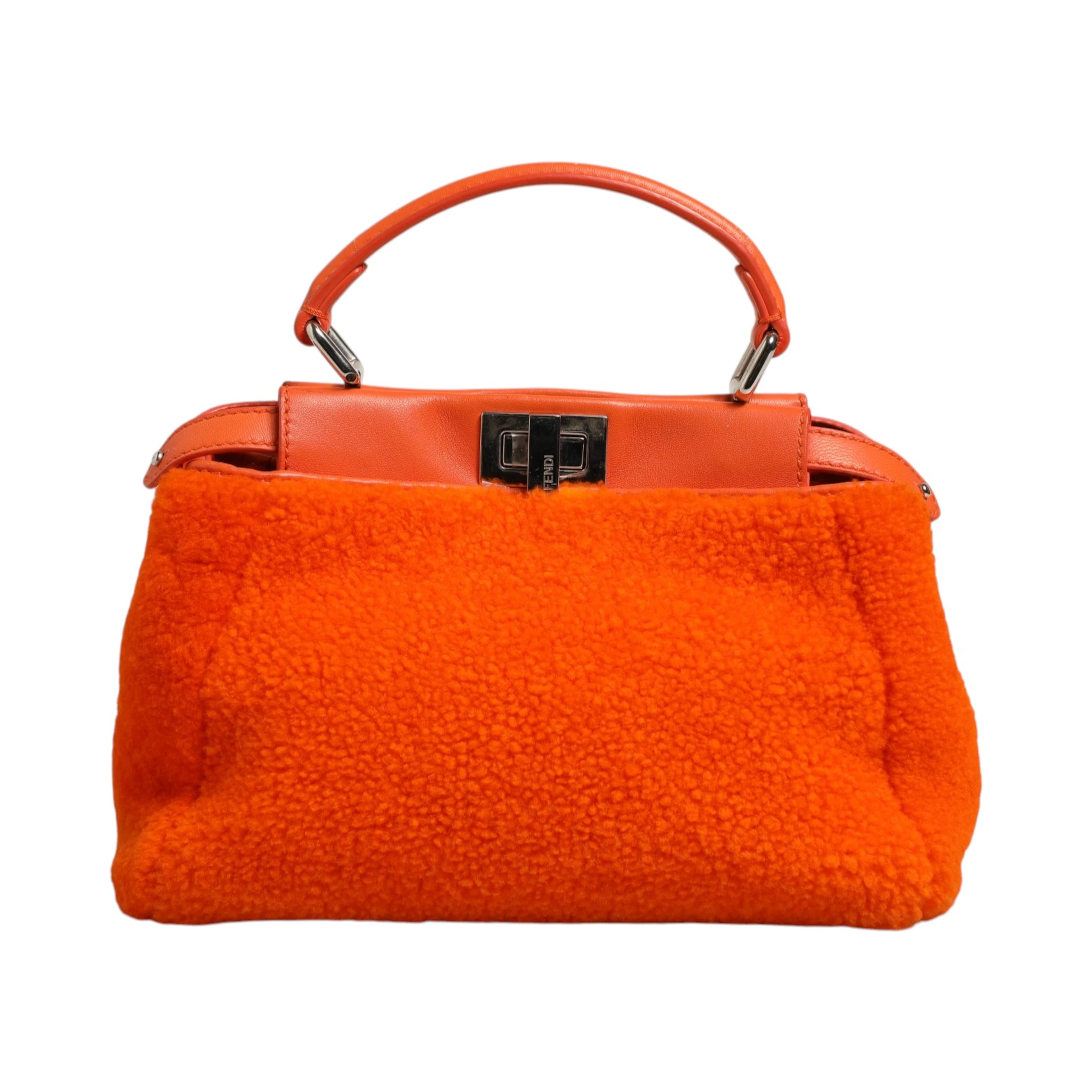 Orange Leather and Shearling Mini Peekaboo Top Handle Bag
