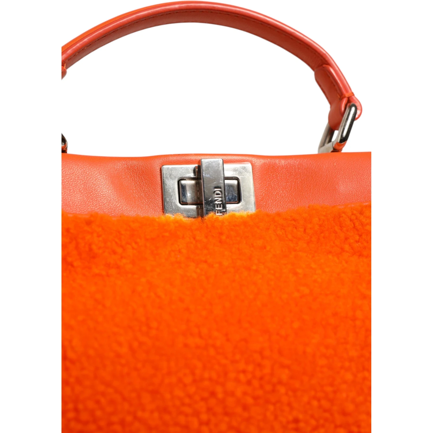 Orange Leather and Shearling Mini Peekaboo Top Handle Bag
