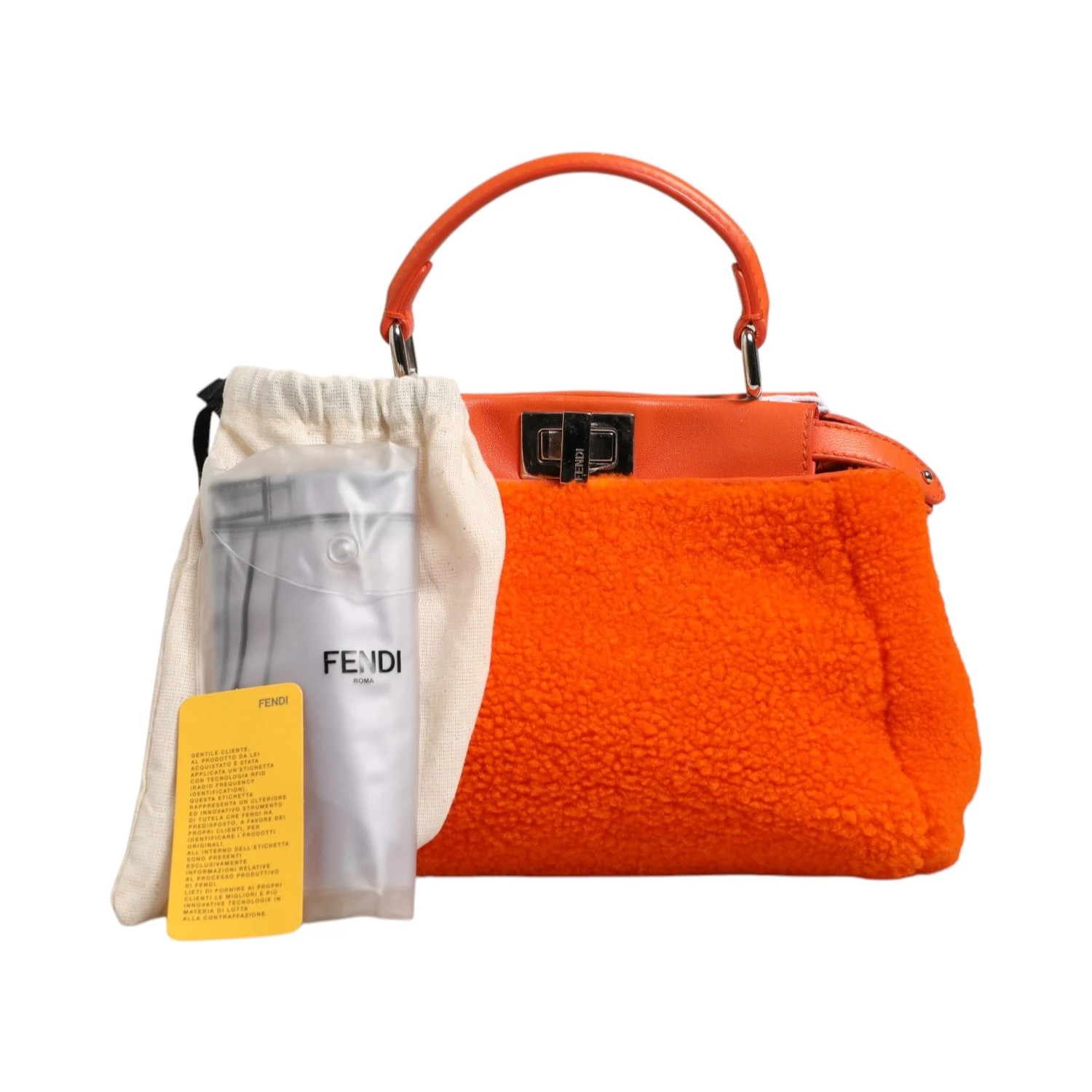 Orange Leather and Shearling Mini Peekaboo Top Handle Bag