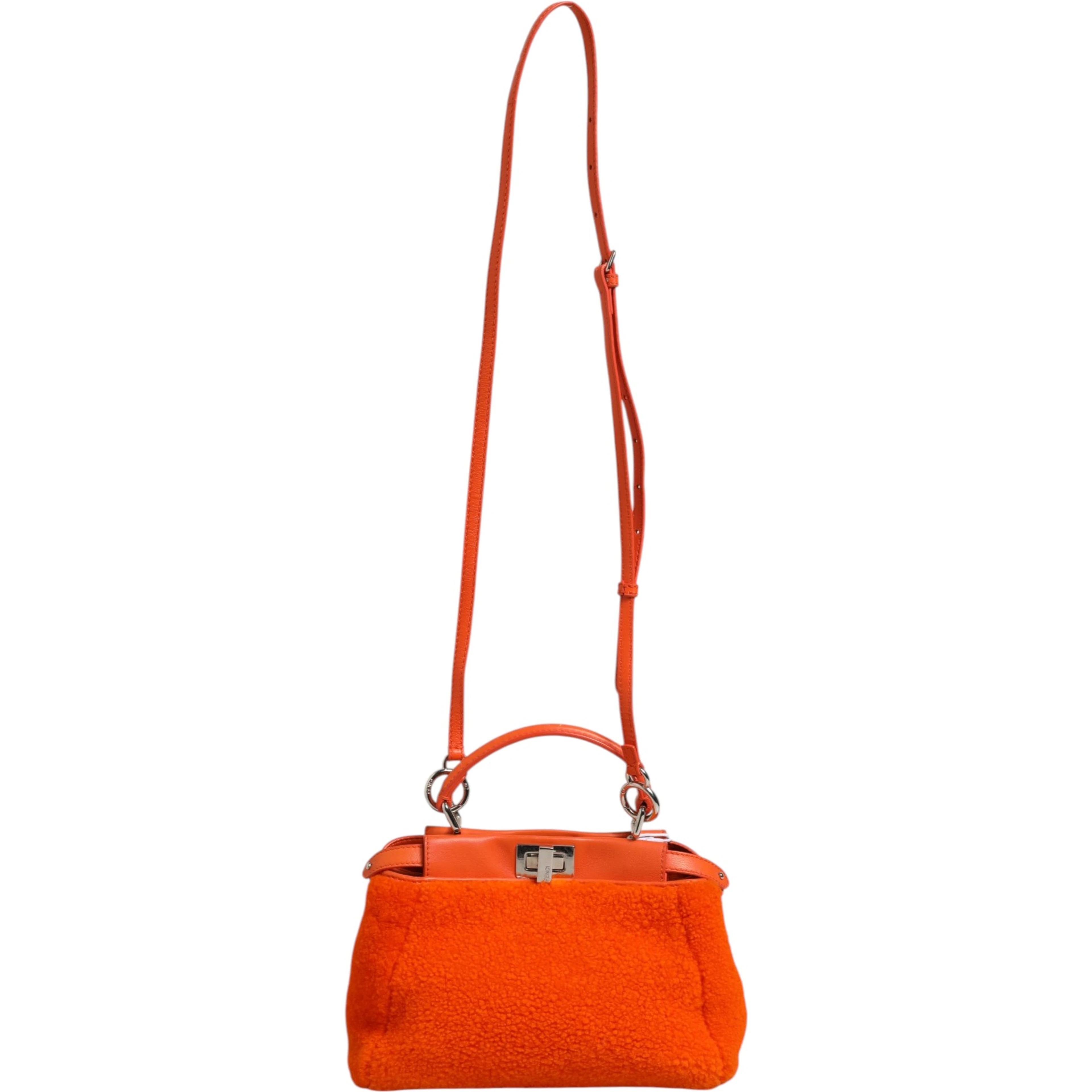 Orange Leather and Shearling Mini Peekaboo Top Handle Bag