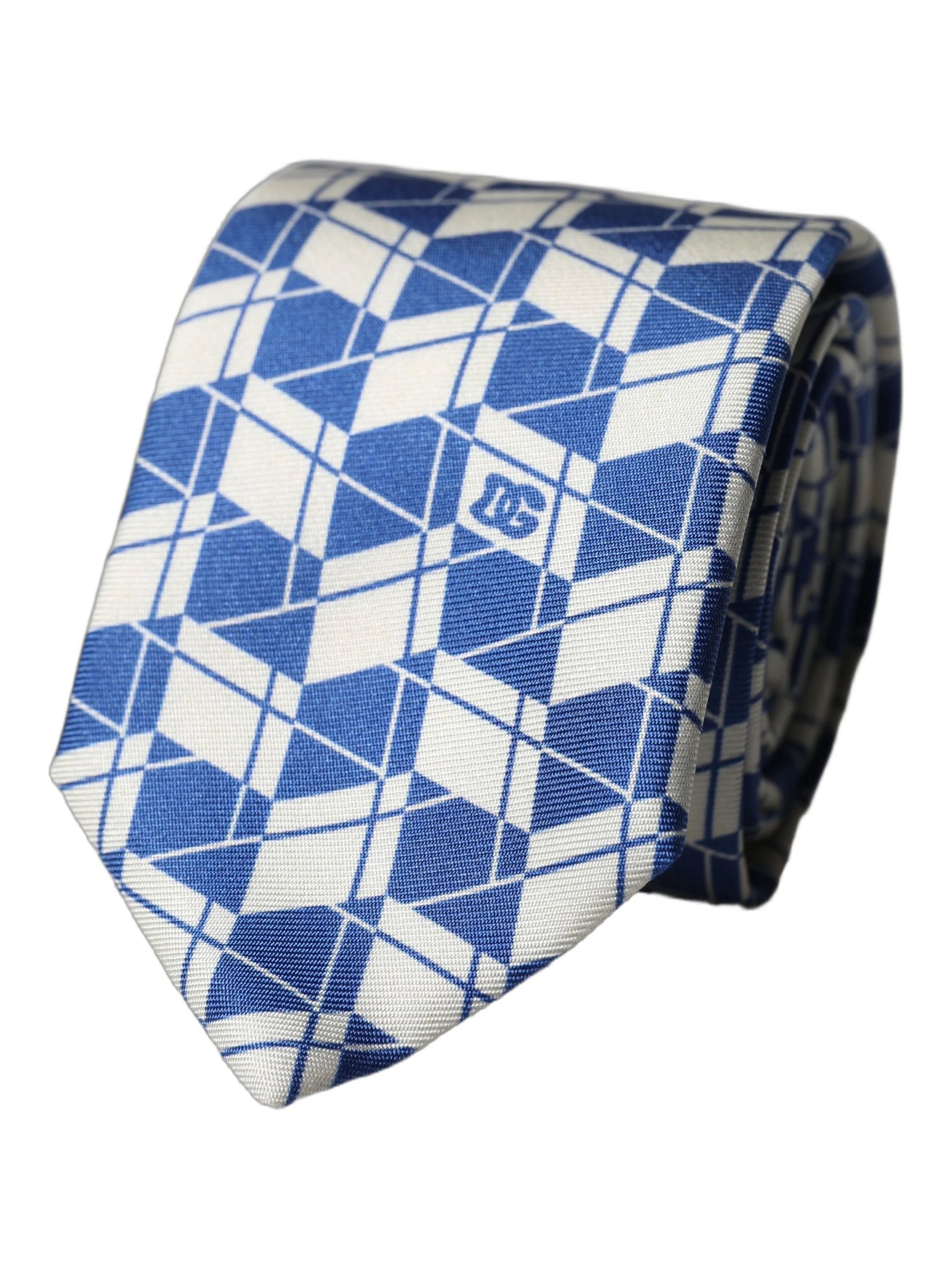 Blue White Geometric Silk Adjustable Men Tied Necktie Tie