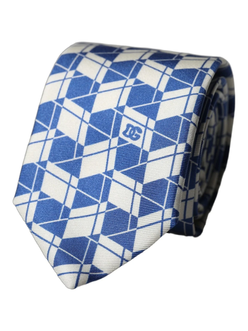 Blue White Geometric Silk Adjustable Men Tied Necktie Tie