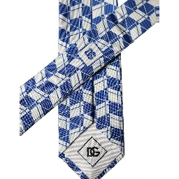 Blue White Geometric Silk Adjustable Men Tied Necktie Tie