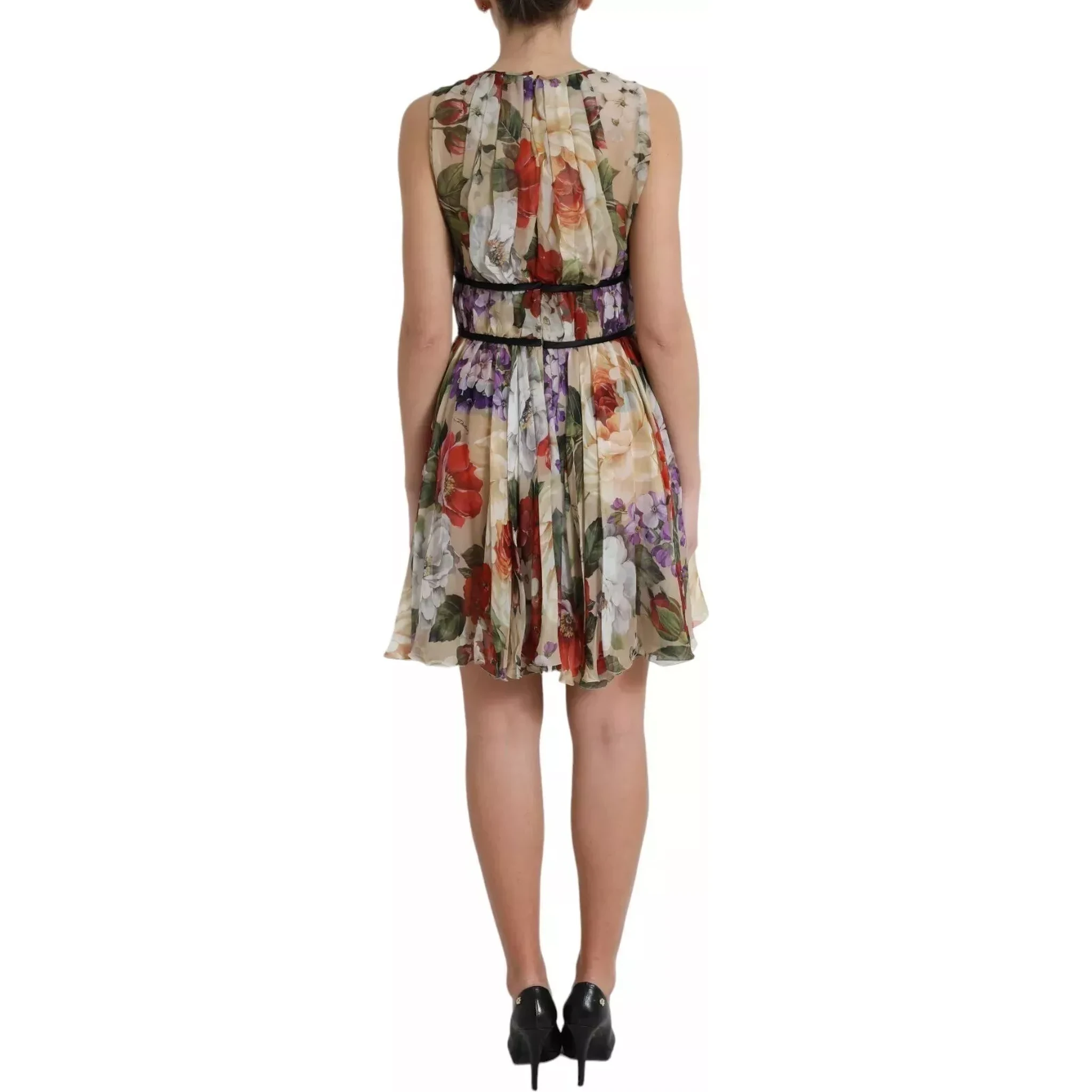 Beige Floral Sleeveless A-line Mini Dress