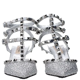 Gray Leather Stiletto Heel Sandals