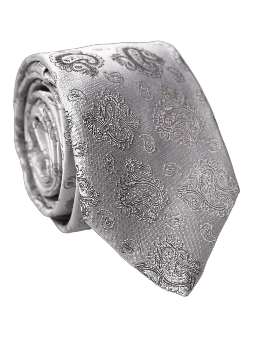 Silver Gray Paisley Silk Adjustable Men Tied Necktie Tie