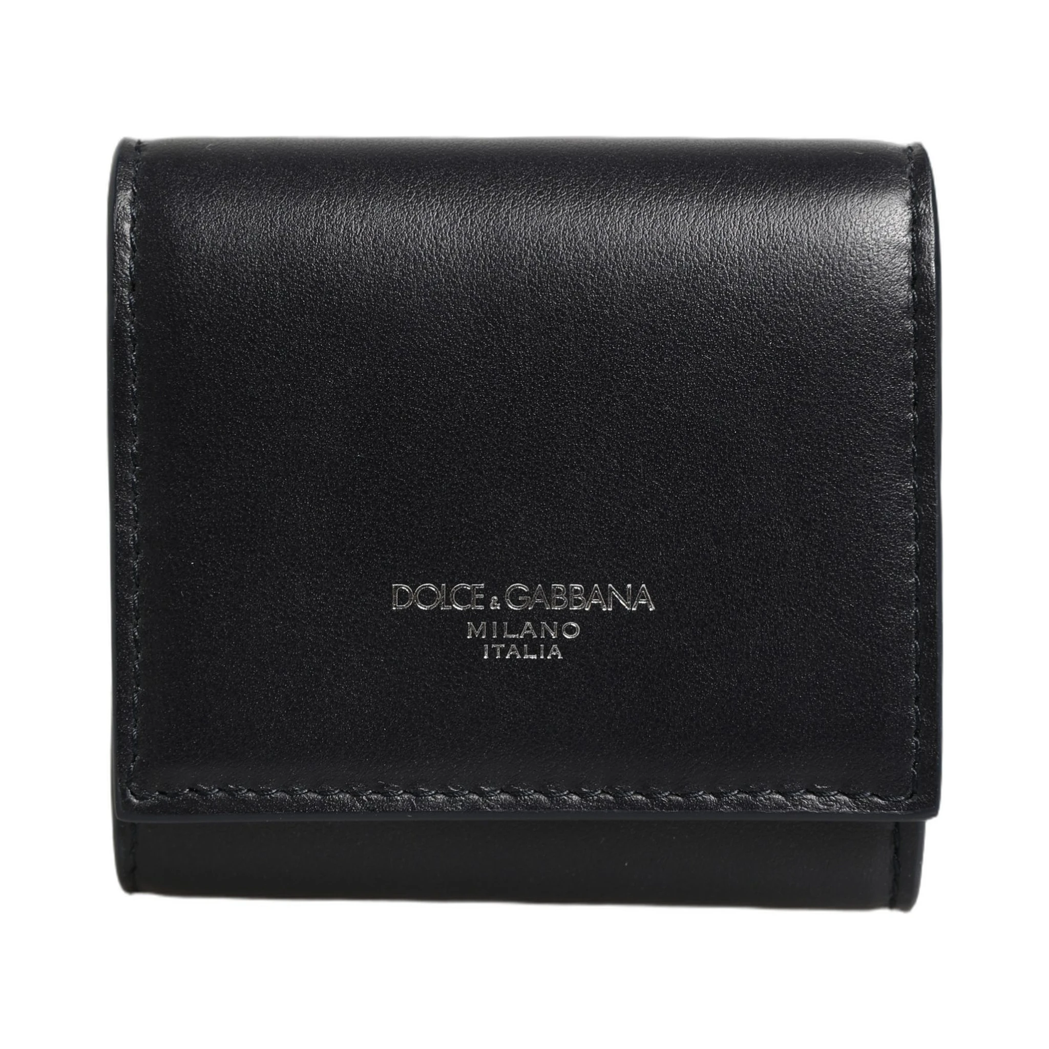 Black Calfskin Leather Logo Print Bifold CoinPurse Wallet
