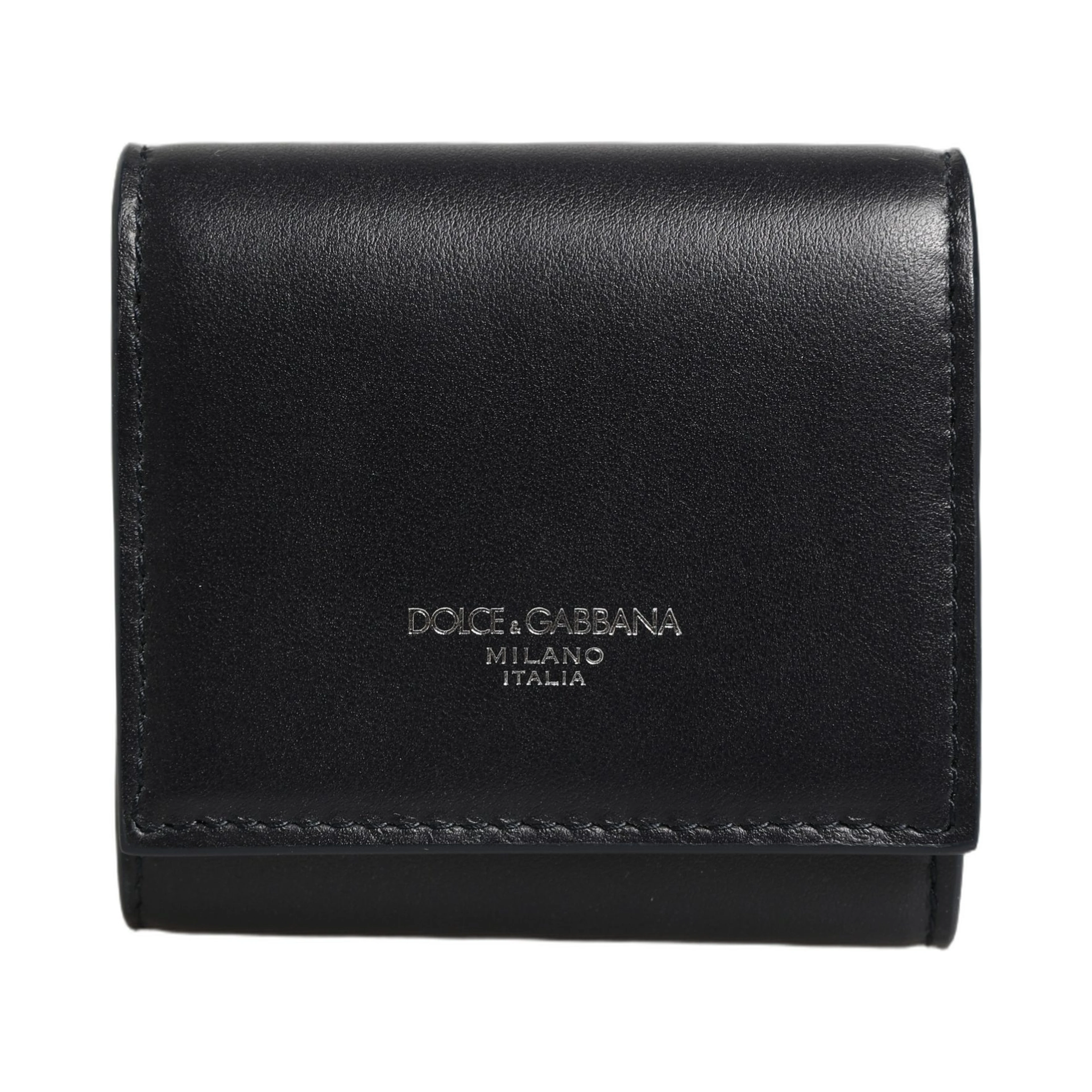 Black Calfskin Leather Logo Print Bifold CoinPurse Wallet
