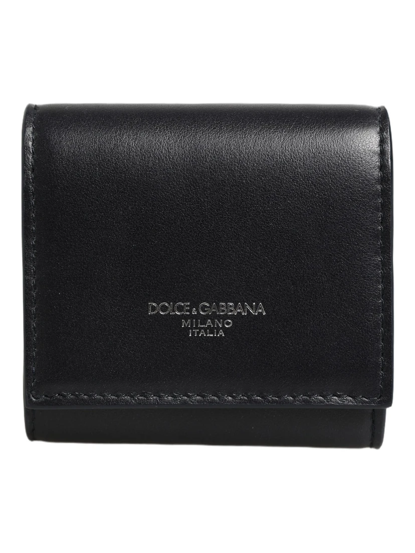 Black Calfskin Leather Logo Print Bifold CoinPurse Wallet