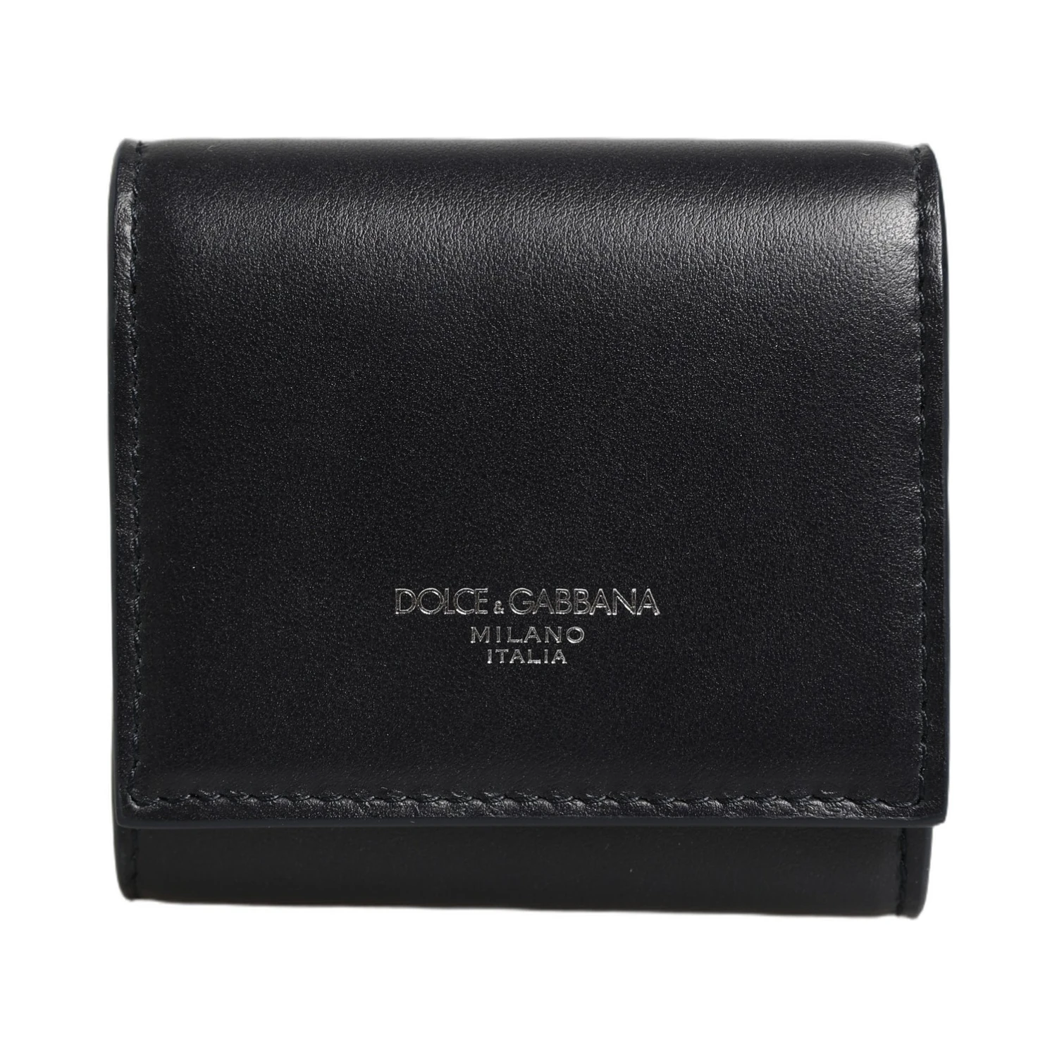 Black Calfskin Leather Logo Print Bifold CoinPurse Wallet